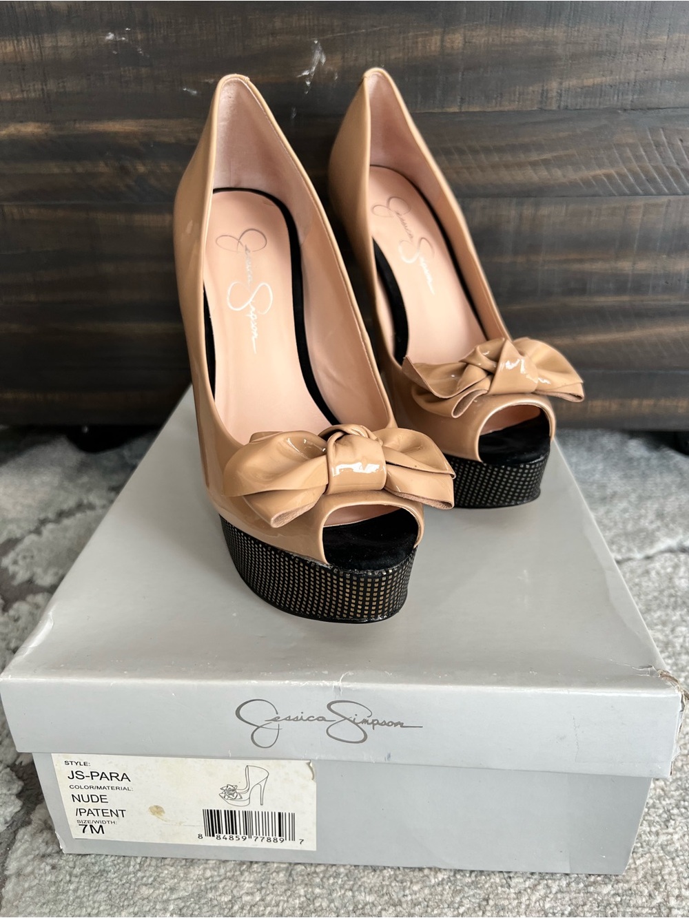 Jessica Simpson Nude Patent Peep-Toe Platform Pumps with Bow Accent